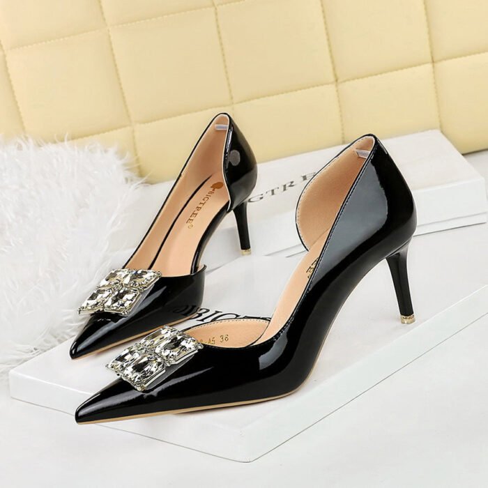 BIGTREE SHOES 638-Ak58 Korean Style Banquet Women's Shoes Stiletto Heel Shallow Mouth Pointed Patent Leather Side Hollow Square Rhinestone Buckle Pumps - Image 2