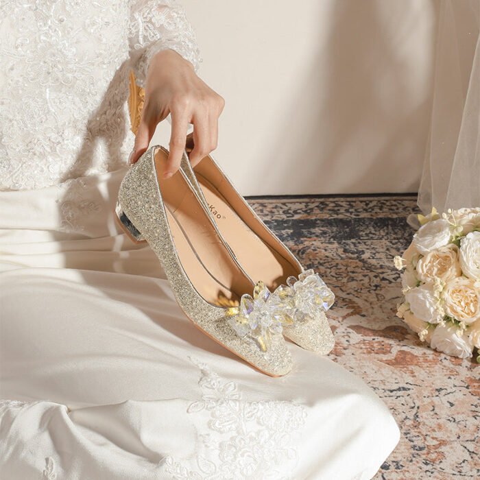 A29-52 Square Head Pearl Flat Chunky Heel Everyday Joker Niche Low Heel High Sense Bridesmaid Shoes Women - Image 3