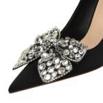 BIG TREE SHOES 18249-h29 European and American Style Banquet High Heels Stiletto Heel Shallow Mouth Pointed Toe Satin Rhinestone Bow High Heel Pumps - Image 4
