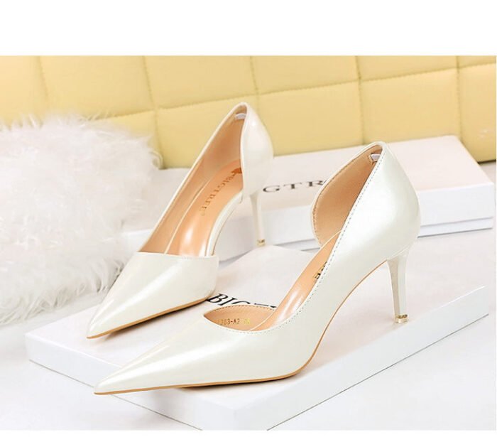 1363-A2 Korean fashion slim banquet fine heel high heel shallow pointed side hollow patent leather women's shoes single shoes high - Image 28