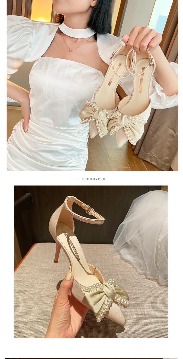 858-61 High Heels Women's New Buckle Pearl Bow Temperament Leisure Pumps - Image 7