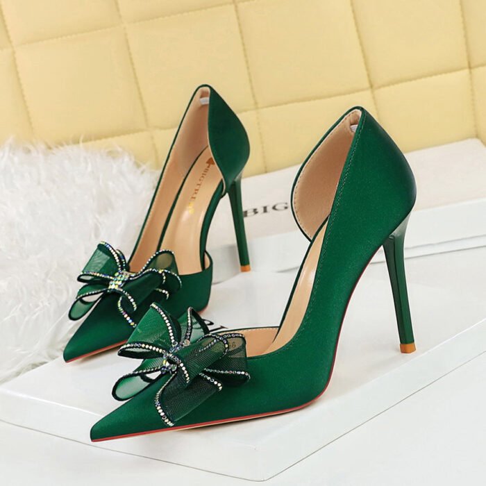 BIGTREE SHOES 626-H38 European and American Style High Heels Women's Shoes Stiletto Heel Shallow Mouth Pointed Toe Side Hollow Rhinestone Bow Pumps Wedding Shoes - Image 2
