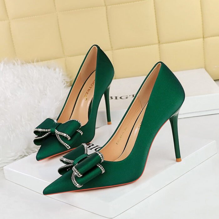 BIG TREE SHOES 3265-h36 Korean Style Banquet High Heels Stiletto Heel Women's Shoes Shallow Mouth Pointed Toe Rhinestone Bow Pumps Women - Image 2