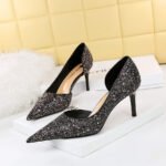 8829-A3 European and American Style Thinner Series Heel High Heel Low-Cut Pointed Side Hollow Sparkle Sequins Pumps - Image 3