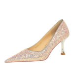 BIG TREE SHOES 1818-3 Korean Style Fashion Banquet High Heels Metal Heel High Heel Low-Cut Pointed Shining Sequin Cloth Pumps Women's Shoes - Image 5