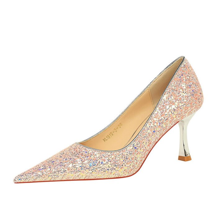 BIG TREE SHOES 1818-3 Korean Style Fashion Banquet High Heels Metal Heel High Heel Low-Cut Pointed Shining Sequin Cloth Pumps Women's Shoes - Image 5