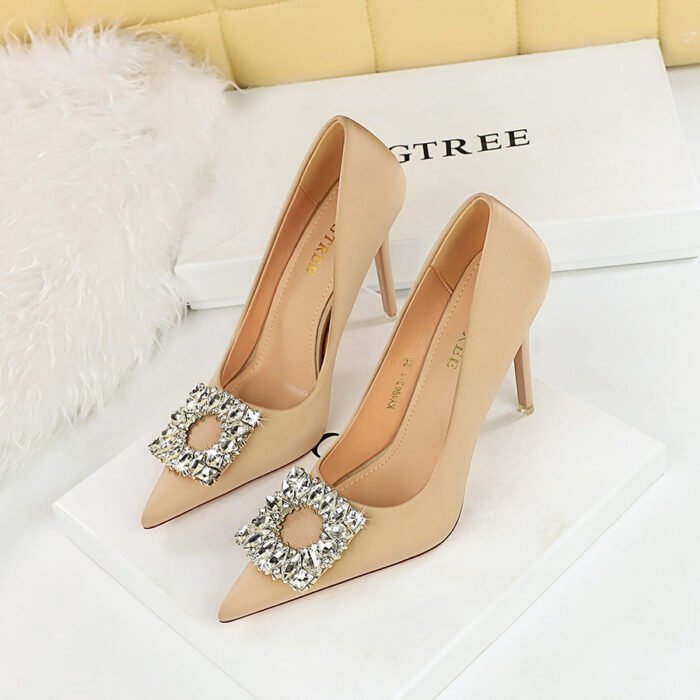 Big Tree Shoes 1983-K1 European and American Style Spring and Autumn Banquet High Heels Women's Shoes Super High Heel Shallow Mouth Pointed Toe Satin Rhinestone Buckle Pumps - Image 3