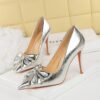 BIGTREE SHOES 3391-h53 European and American Style Banquet High Heels Stiletto Women's Shoes Shallow Mouth Pointed Toe Rhinestone Bow Pumps Super High Heel
