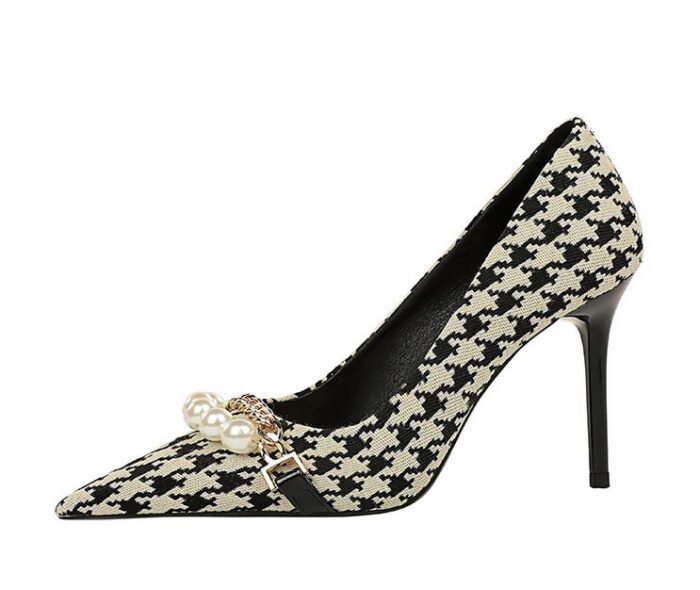 9283-1 European and American style houndstooth high-heeled high-heeled shallow-pointed pearl chain plaid women's shoes - Image 24