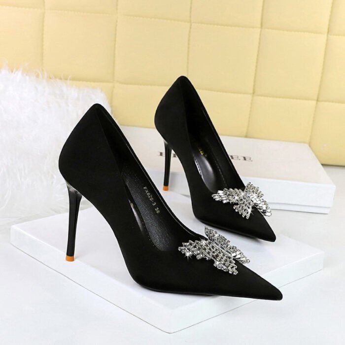 BIGTREE SHOES 825-K53 European and American Style Banquet High Heels Stiletto Women's Shoes Suede Shallow Mouth Pointed-Toe Metal Butterfly Rhinestone Pumps - Image 3