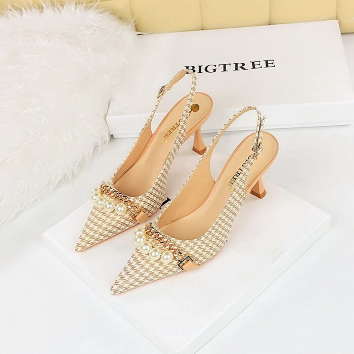 BIG TREE SHOES 3716-3 Korean High Heel Women's Shoes Plaid Cloth Shallow Mouth Pointed-Toe Hollowed Back Strap Pearl Metal Chain Pumps - Image 4