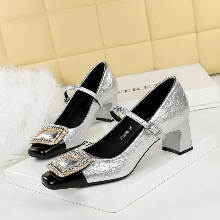 BIGTREE SHOES 5298-K32 European and American Style Party Women's Shoes Chunky Heel Mid Heel Shallow Mouth Color Block Square Toe Metal Rhinestone Buckle Strap Single Shoes - Image 1