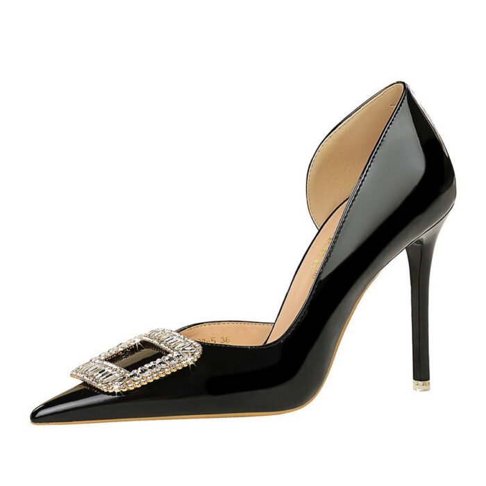 BIGTREE SHOES 638-K32 European and American Banquet High Heels Patent Leather Stilettos Shallow Mouth Pointed Toe Side Hollow out Rhinestone Buckle Super High Heel Shoes - Image 5