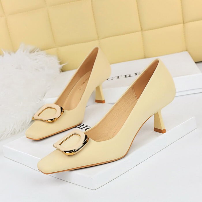 BIGTREE SHOES 6183-k22 European and American Spring and Autumn Banquet Women's Shoes High Heel Low-Cut Square Toe Metal Fastener Women's Thin Shoes High Heels - Image 3