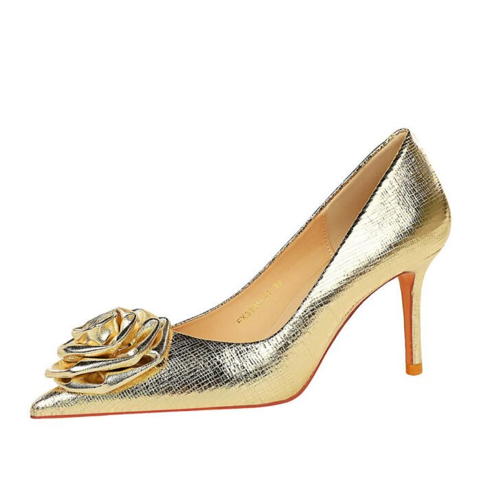 BIGTREE SHOES 3391-ah56 European and American Style Banquet High Heels Women's Shoes Stiletto Heel Shallow Mouth Pointed Flower Rose Pumps - Image 1