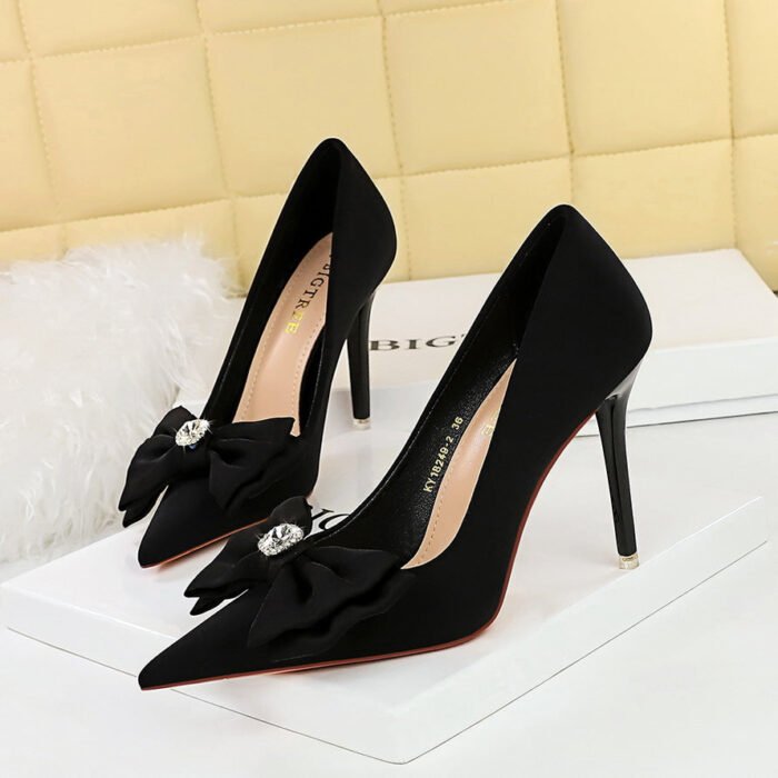 BIGTREE SHOES 18249-h33 Korean Style Fashion Banquet High Heel Stiletto Low Mouth Pointed Toe Rhinestone Bow High Heel Pumps Women - Image 2