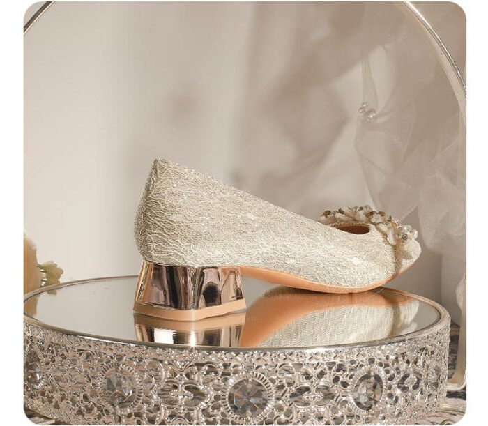 3118-7 French Lace Thick Heel Flat Wedding Shoes One-Word Flower Main Wedding Dress Banquet Two-Way Heel Shoes - Image 8
