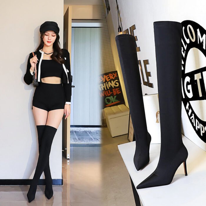 BIG TREE SHOES 315-A9 European and American Style Simple High Heel Pointed Elastic Lycra Sexy Nightclubs Thinner Pedicure Leg Repair over-the-Knee Boots - Image 1