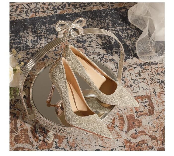 840-1 Heel Rhinestone Crown French Lace Wedding Shoes Bridal Shoes High Heel Shoes Niche High-Grade Stiletto Heel Pumps - Image 10