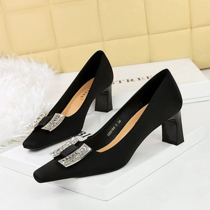 BIGTREE SHOES 6186-k70 European and American Style Banquet Light Luxury Women's Shoes Chunky Heel High Heel Low-Cut Square Toe Satin Rhinestone Buckle Pumps Women's Shoes - Image 1