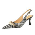 BIG TREE SHOES 3716-3 Korean High Heel Women's Shoes Plaid Cloth Shallow Mouth Pointed-Toe Hollowed Back Strap Pearl Metal Chain Pumps - Image 5