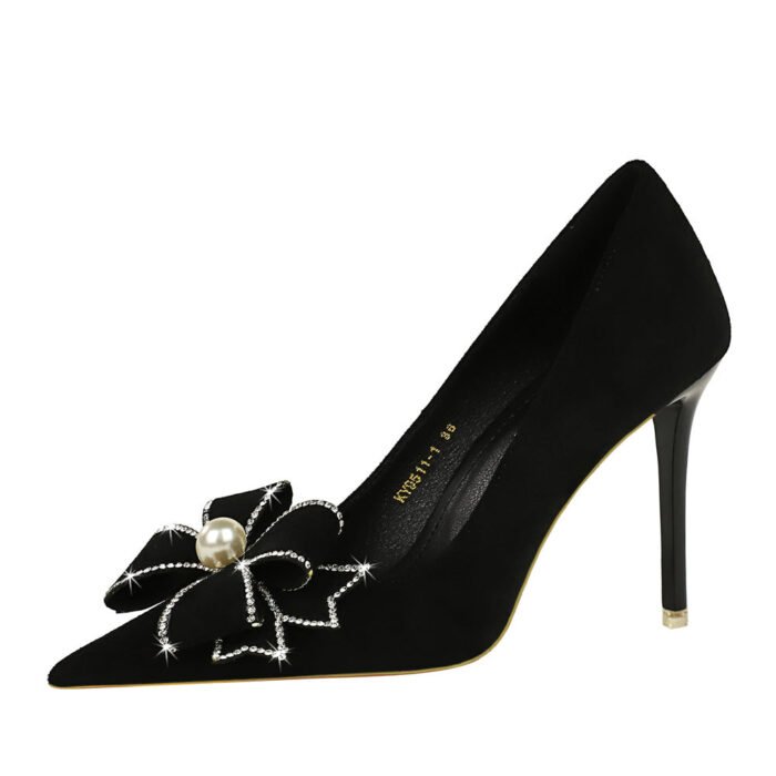 BIGTREE 9511-h16 European and American Style High Heels Women's Shoes Stiletto Heel Suede Shallow Mouth Pointed Toe Rhinestone Pearl Bow - Image 5