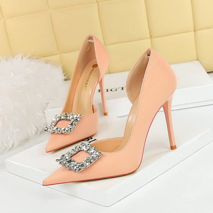 BIG TREE Shoes 626-K5 European and American Style Banquet Women's Shoes High Heels Stiletto Low-Cut Pointed Side Hollow-out Rhinestone Buckle Super High Heel Shoes - Image 2
