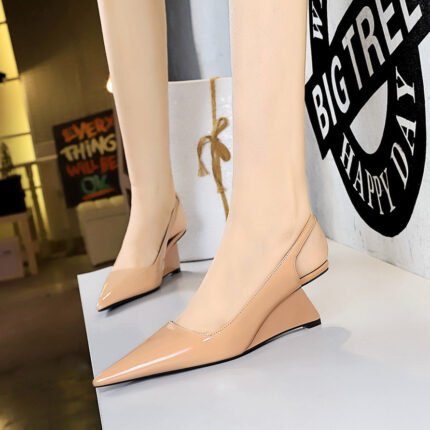 BIG TREE SHOES 1097-1 European and American High Heel Wedge Hollow-out Back Strap Patent Leather Low-Cut Pointed Toe Pedicure Skinny High Heels Women's Shoes