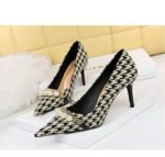 9283-A1 European and American thin-heeled high-heeled shallow-pointed cloth plaid houndstooth metal chain pearl shoes - Image 14
