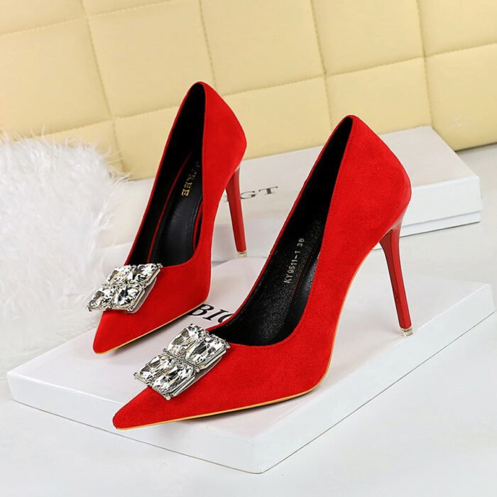 BIGTREE SHOES 9511-K58 Banquet Women's Shoes High Heels Stiletto Suede Shallow Mouth Pointed Square Rhinestone Buckle Super High Heel Shoes Women - Image 1