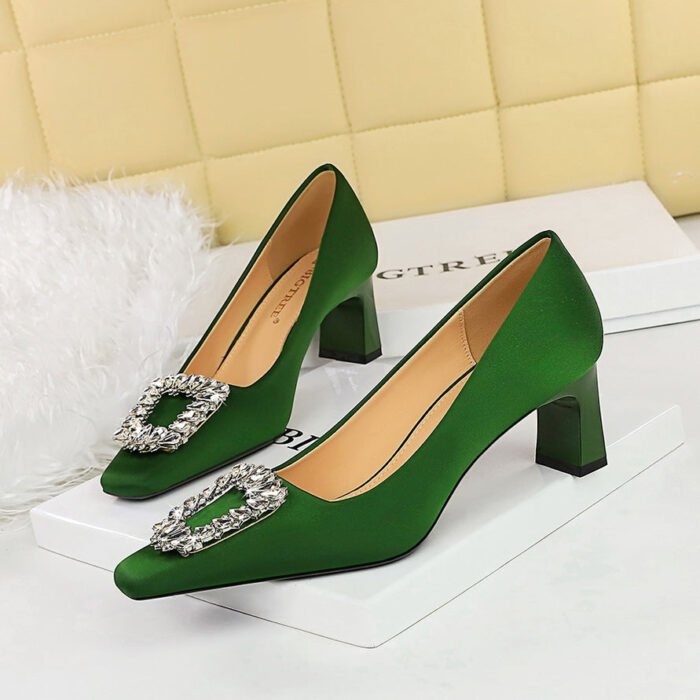 BIGTREE SHOES 6186-k30 European and American Style Banquet Women's Shoes Chunky Heel High Heel Satin Shallow Mouth Square Toe Metal Rhinestone Buckle Pumps Female - Image 4