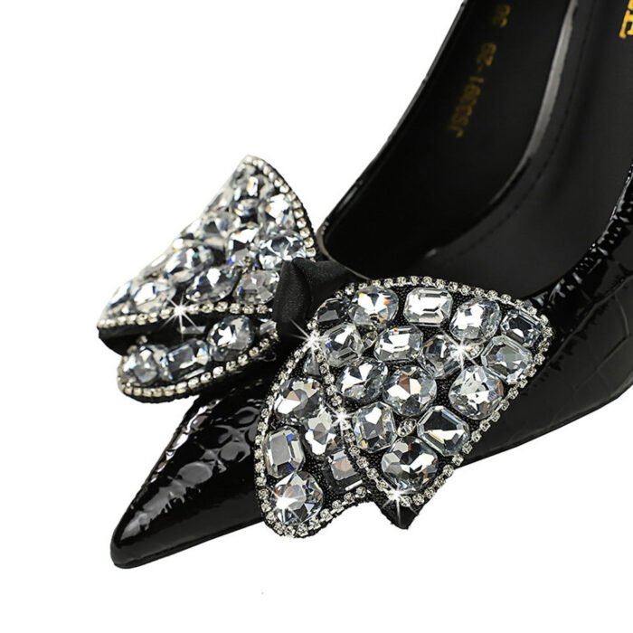 BIGTREE SHOES 3391-h21 European and American Style High Heels Stiletto Heel Stone Pattern Patent Leather Low-Cut Pointed Toe Rhinestone Bow Pumps High Heel - Image 4