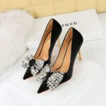 BIGTREE 1829-H9 European and American Style Banquet Women's Shoes Metal Heel Super High Heel Satin Shallow Mouth Pointed Toe Rhinestone Bow Pumps - Image 3