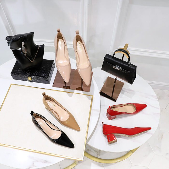 1235-1 Korean Fashion Simple Comfortable All-Matching Chunky Heel Mid Heel Patent Leather Shallow Mouth Pointed Business Ol Women's Thin Shoes - Image 4