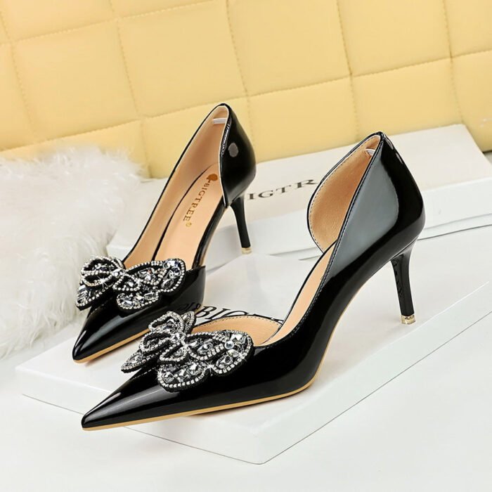 BIG TREE SHOES 638-Ah23 European and American Style Banquet High Heels Stiletto Heel Shallow Mouth Pointed Patent Leather Side Hollow Rhinestone Bow Pumps - Image 1