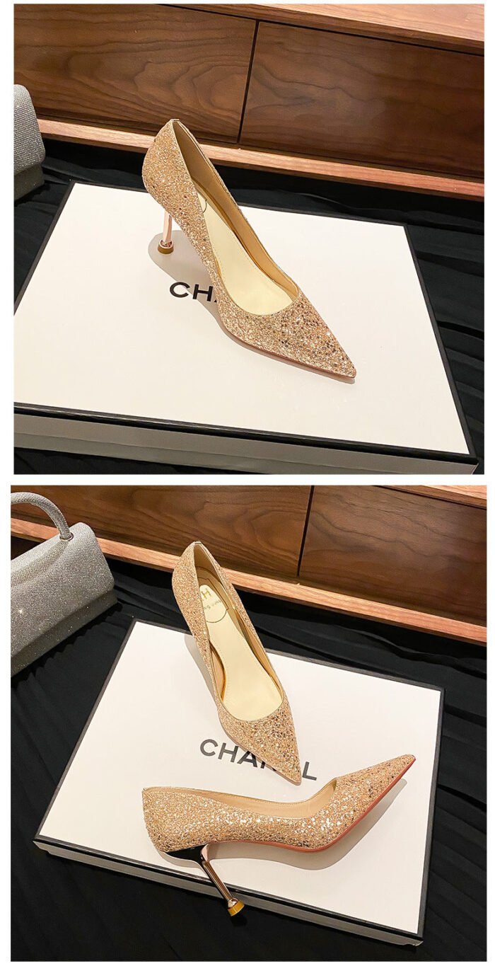 D888-88 Pointed High Heels Women's Chunky Heel Wedding Shoes High-Grade Wedding Dress Pumps - Image 10