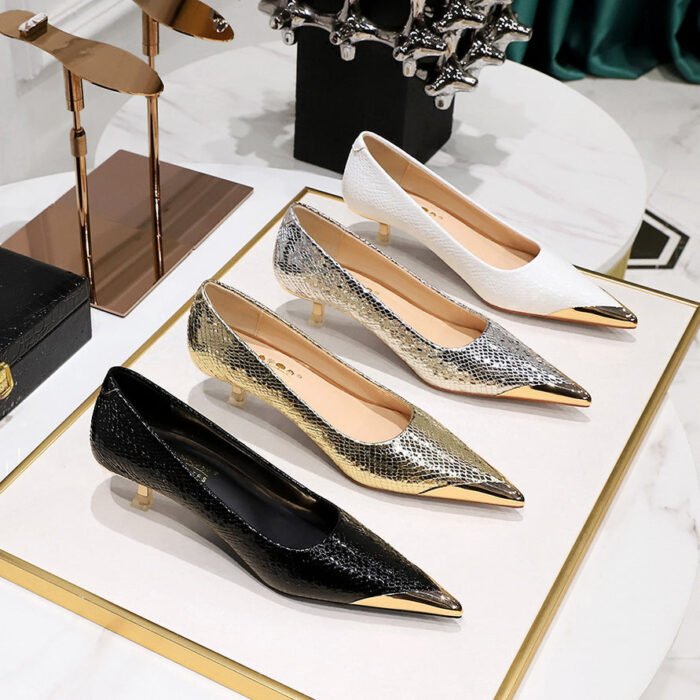 BIGTREE SHOES 237-29 European and American Style Banquet Women's Shoes Mid-Heel Low-Cut Metal Pointed Shining Sequin Cloth Snake Pattern Pumps Women's Shoes - Image 1