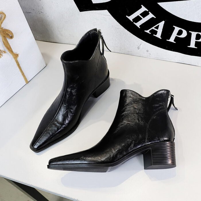 Bigtree Shoes 578-9 European and American Style Retro Hand Grip Pattern Female Boots Thick Heel Mid Heel Pointed-Toe Hollowed Slimming Knight Boots Ankle Boots - Image 4