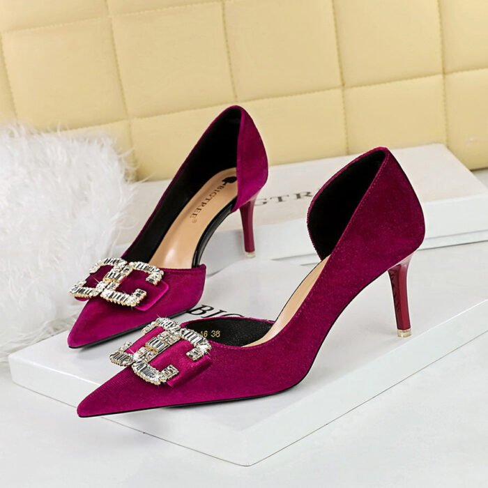 BIGTREE SHOES 1363-Ak78 Banquet Light Luxury Women's Shoes High Heels Stiletto Heel Side Hollow Suede Shallow Mouth Pointed Toe Rhinestone Buckle Pumps - Image 1