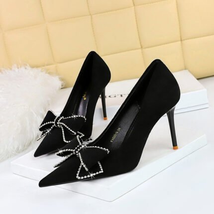 BIG TREE 825-H7 European and American Style Fashion Slimming Banquet Women's Shoes High Heels Shallow Mouth Pointed Toe Suede Rhinestone Bow Pumps