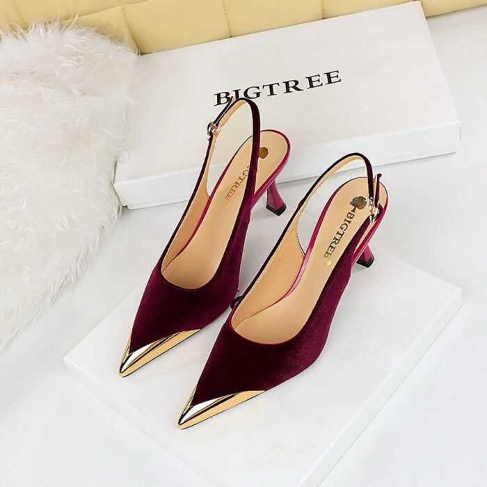 BIGTREE SHOES 3716-6 European and American Fashion Banquet Women's Shoes Wine Glass Heel High Heel Suede Metal Pointed-Toe Hollowed Back Strap Women's Shoes - Image 1
