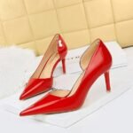 638-A5Fashionable thin heel high heels, bright patent leather, shallow cut single shoes-Bigtree shoes