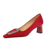 BIGTREE SHOES 6186-k66 European and American Style Banquet Spring and Autumn Women's Shoes Chunky Heel High Heel Satin Square Toe Metal Rhinestone Buckle Pumps Female - Image 5