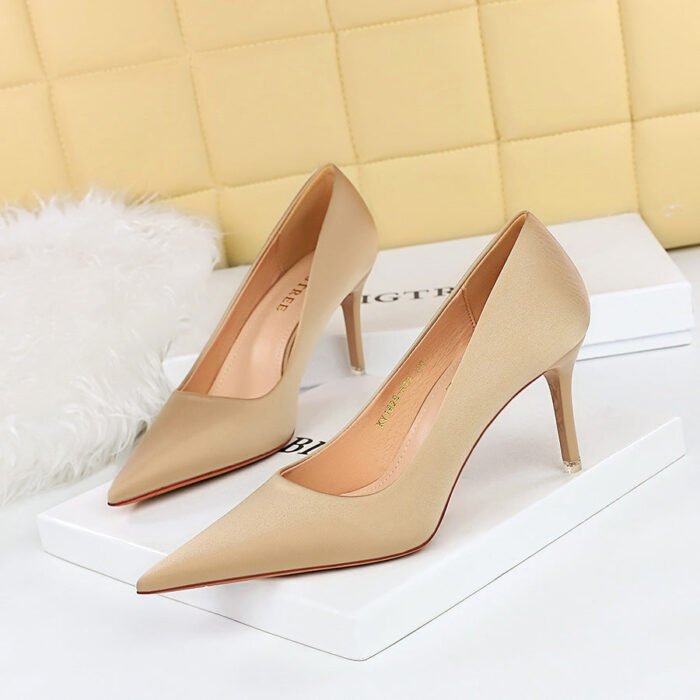 1983-a1 Korean Style Stylish Simple and Versatile High Heels Stiletto Heel Shallow Mouth Pointed Toe Spring and Autumn Satin Women's Shoes BIG TREE SHOES - Image 3