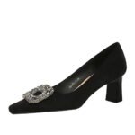 Bigtree Shoes 6186-k83 European and American Banquet Women's Shoes All-Match High Heel Chunky Heel Suede Square Toe Metal Rhinestone Buckle Single-Layer Shoes - Image 5