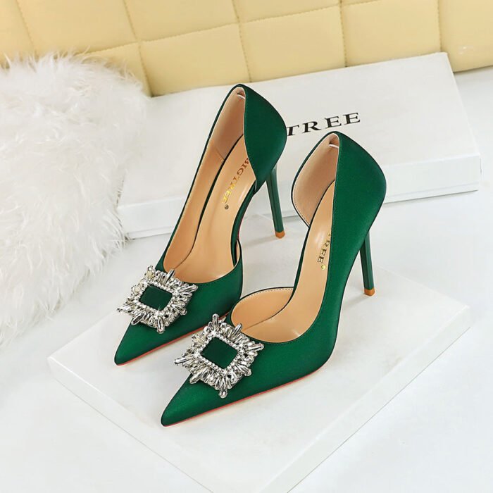 BIG TREE Shoes 626-K3 European and American Style Nightclubs Thinner Super High Heel Women's Shoes Stiletto Low-Cut Pointed-Toe Metal Rhinestone Buckle Side Empty Shoes - Image 1