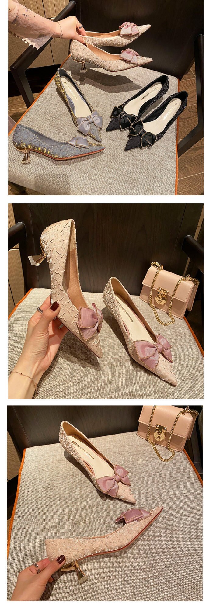 2045-117 High Heels Women's New Bow Pointed Toe Low-Cut Shoes - Image 9
