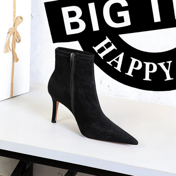BIG TREE SHOES 9878-2 European and American Simple Sexy Slimming Banquet Female Boots Stiletto Heel Pointed Black Denim Fabric Ankle Boots - Image 4