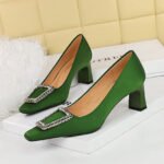 BIGTREE SHOES 6186-k66 European and American Style Banquet Spring and Autumn Women's Shoes Chunky Heel High Heel Satin Square Toe Metal Rhinestone Buckle Pumps Female - Image 4