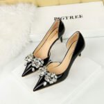 BIG TREE SHOES 638-Ah19 European and American Entry Lux Banquet Women's Shoes High Heel Stiletto Low Mouth Pointed Side Hollow Rhinestone Bow Pumps - Image 3
